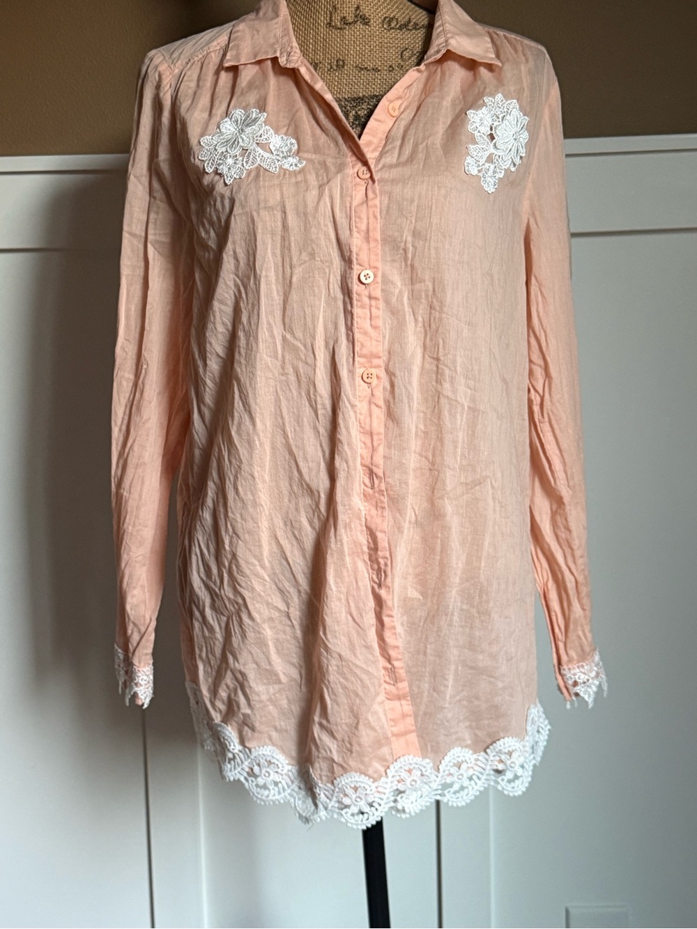 Divided Embroidered Peach 100% Cotton Blouse Size 12